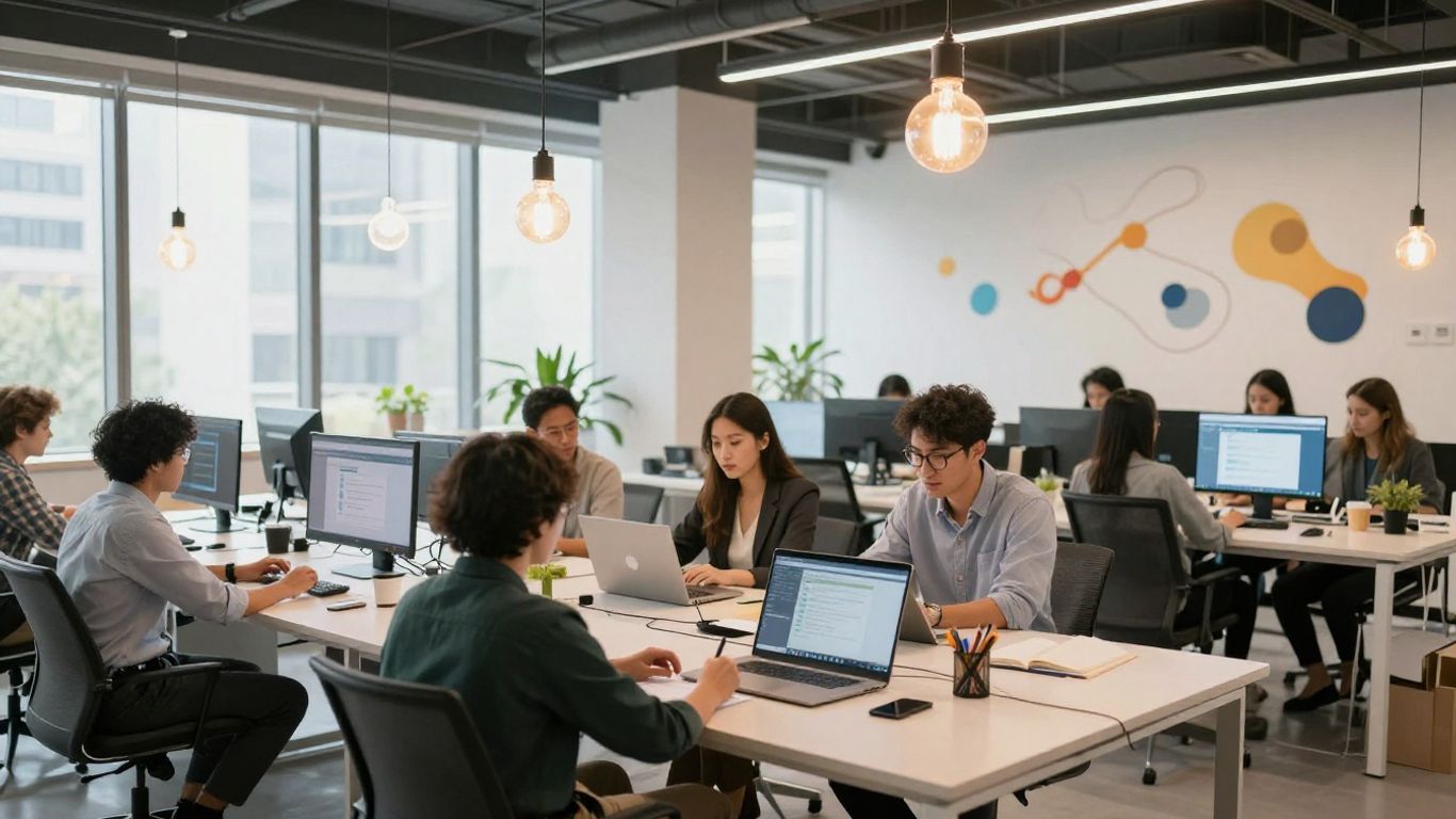 Team collaborating on innovative ideas with digital tools.