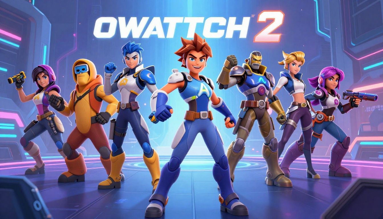 Capa do jogo Overwatch 2 apresentando os heróis icônicos em um cenário de batalha futurista dinâmico