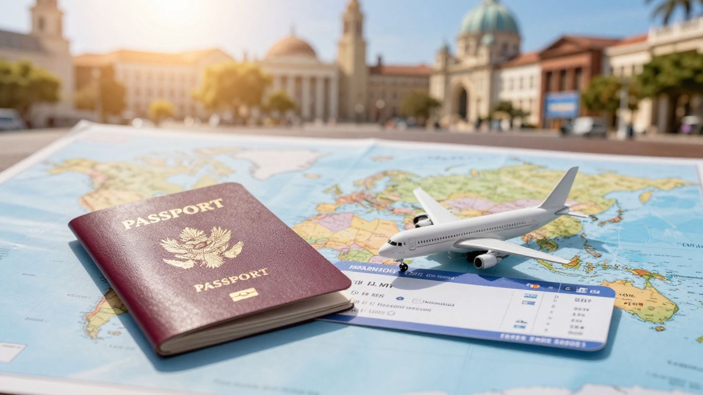 Expedia travel booking with passport and tickets.