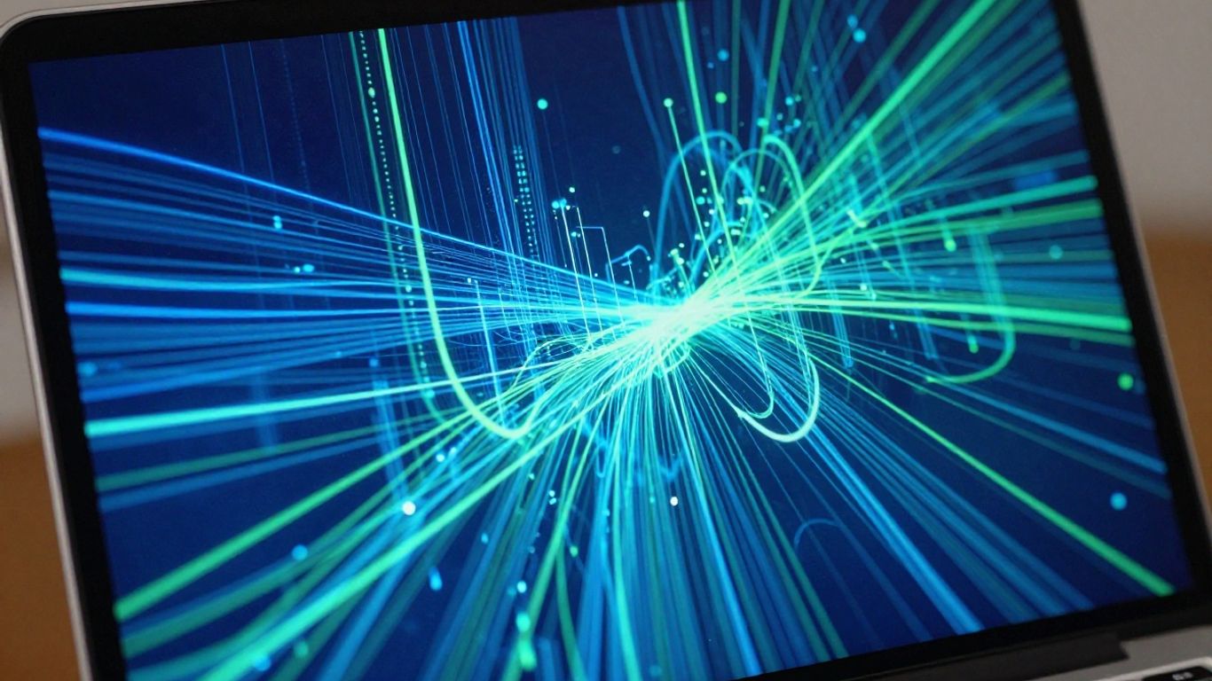Laptop screen with abstract digital landscape