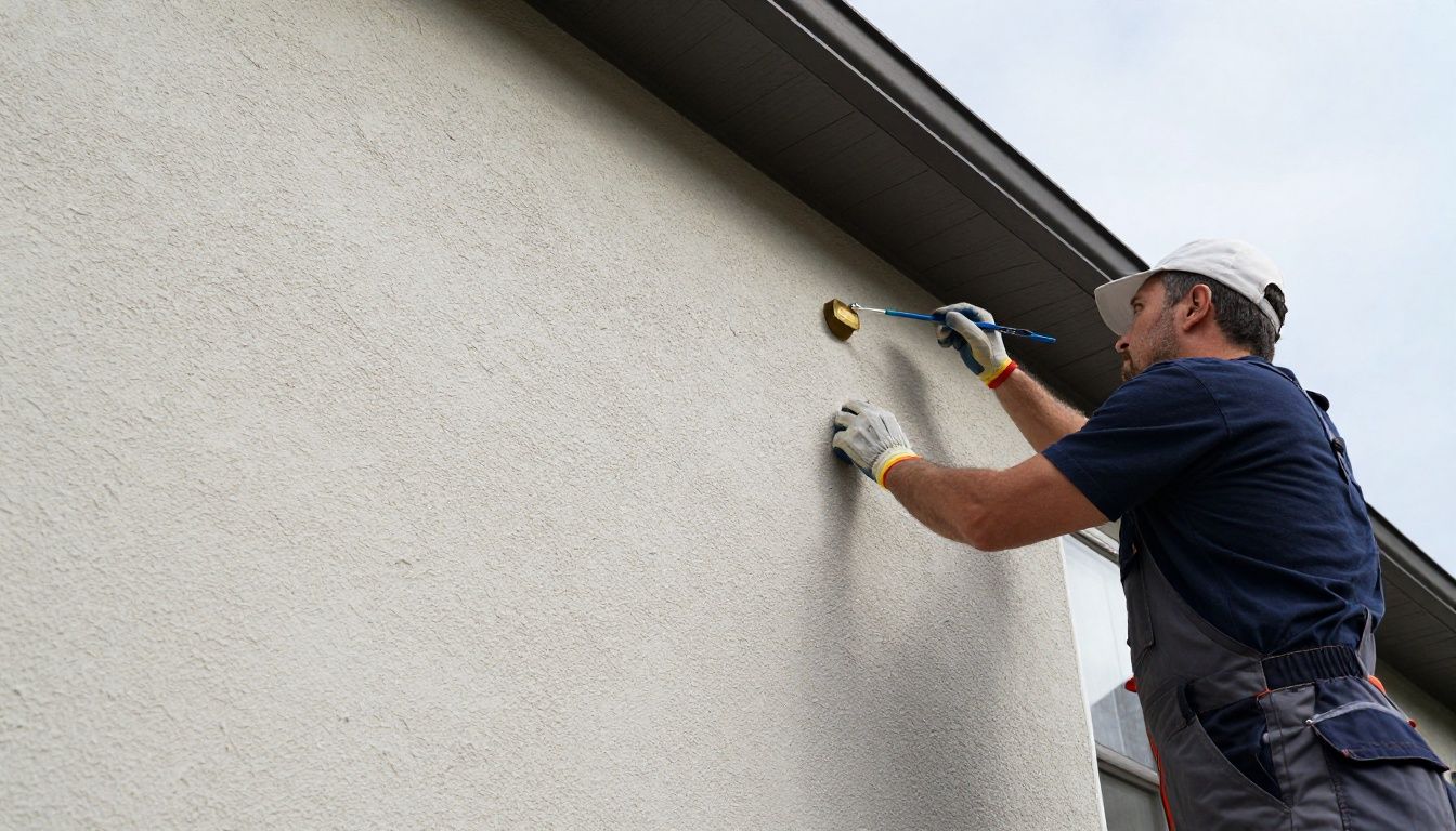 A professional contractor performing a careful inspection of a stucco home exterior to ensure lasting protection and beauty