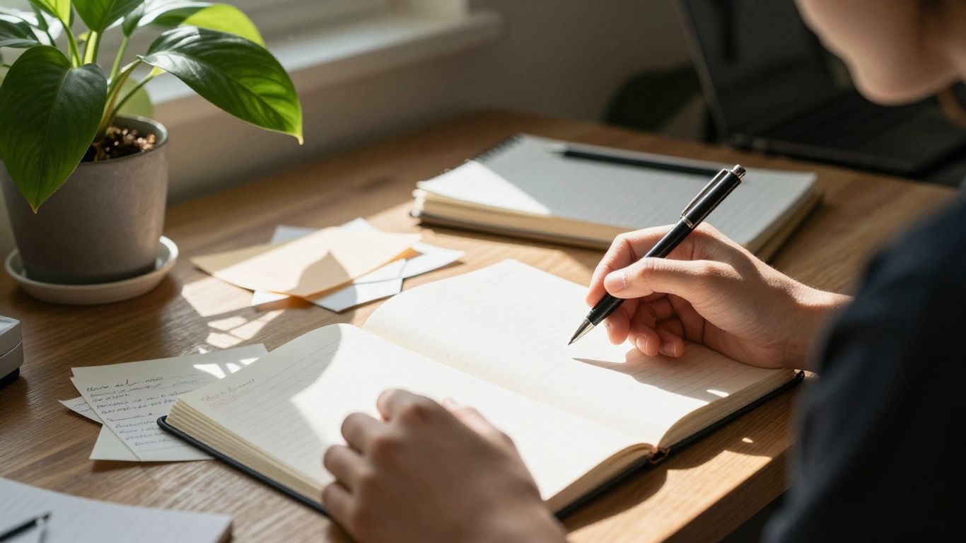 Person journaling, reflecting on habits and progress.