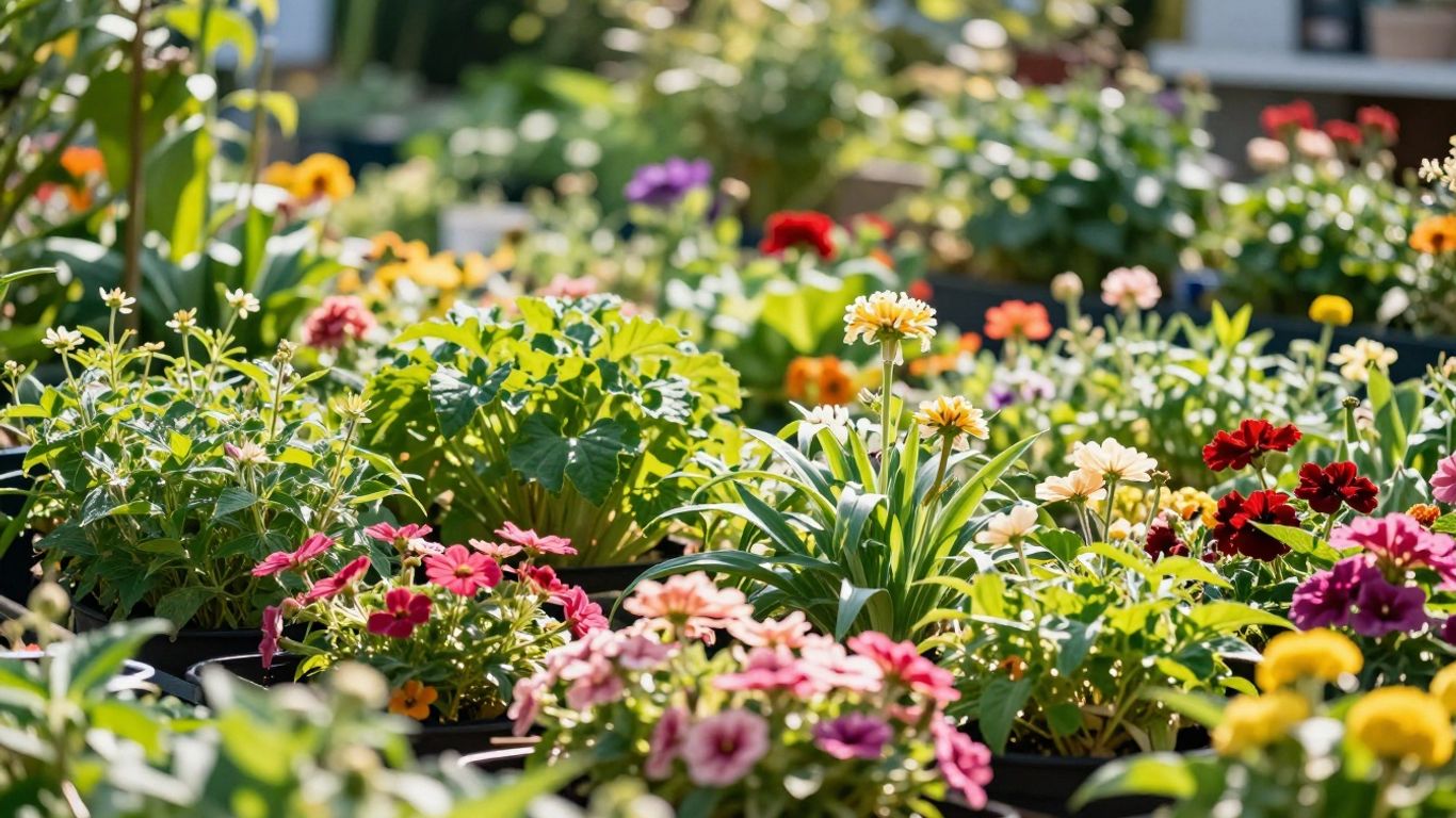 Blooming garden with sunlight and lush greenery.