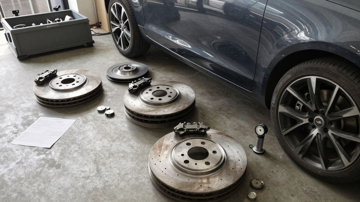 Volvo vehicle beside replacement brake rotors