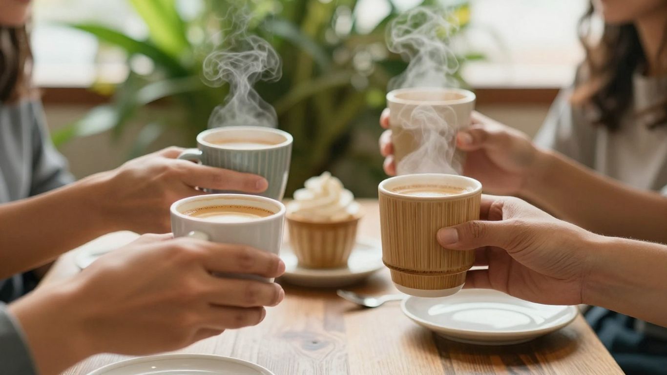 Hands holding reusable coffee cups in a cafe.