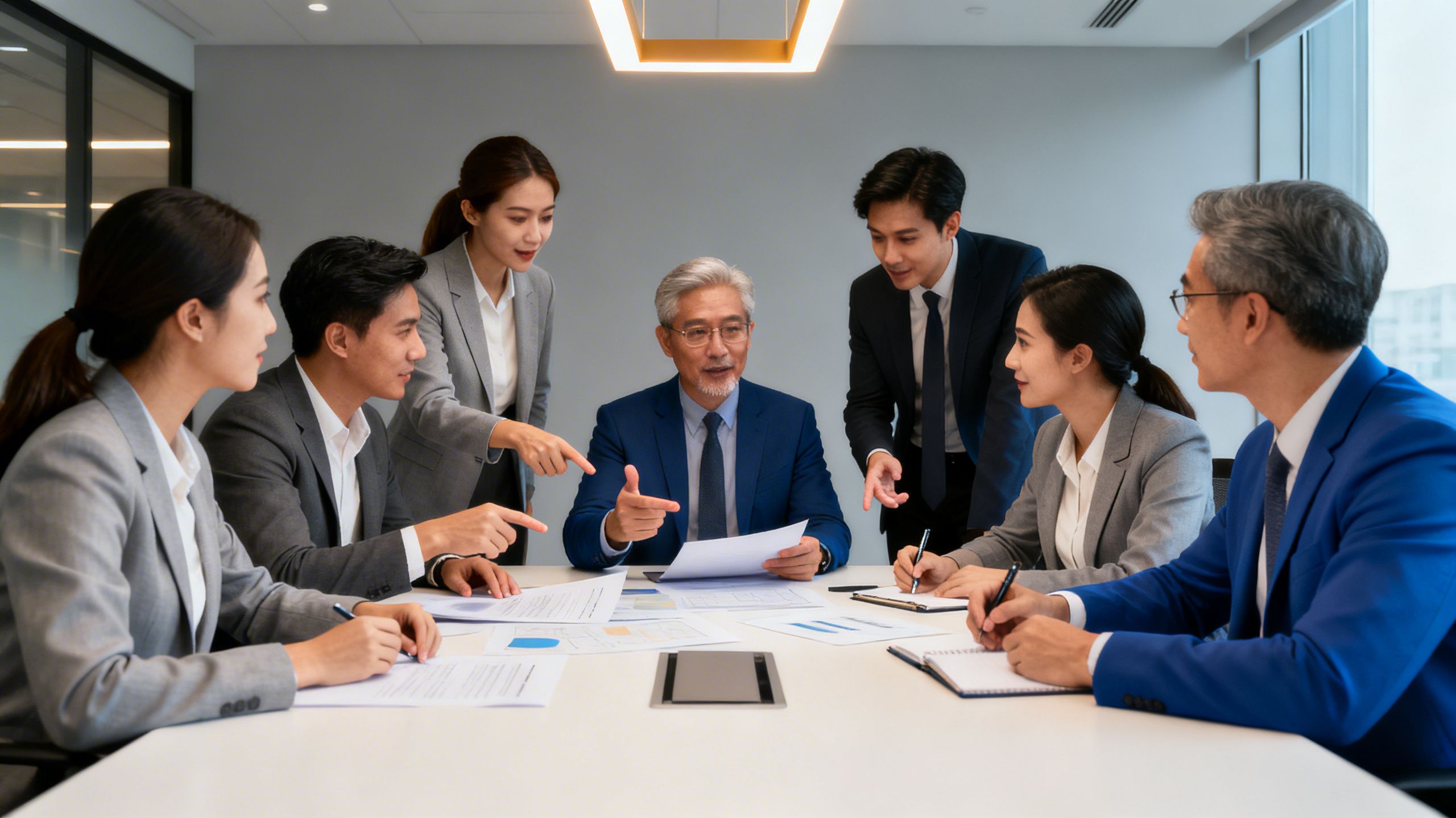A diverse team of professionals collaborating around a conference table, making a strategic business decision