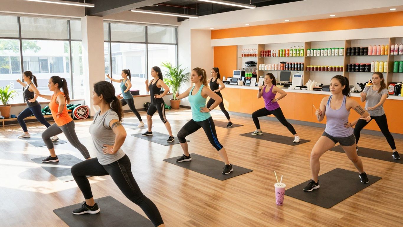 People exercising and drinking shakes at a nutrition club.