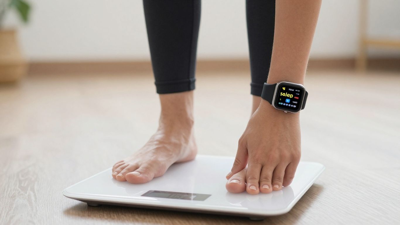 Person checking weight, sleep, and steps on devices.