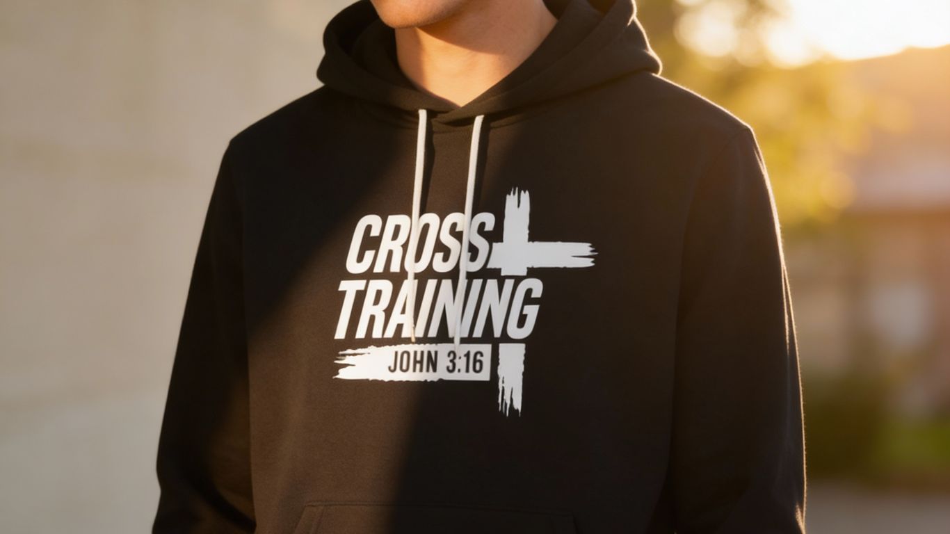Person wearing a hoodie with 'Cross Training John 3:16' text.