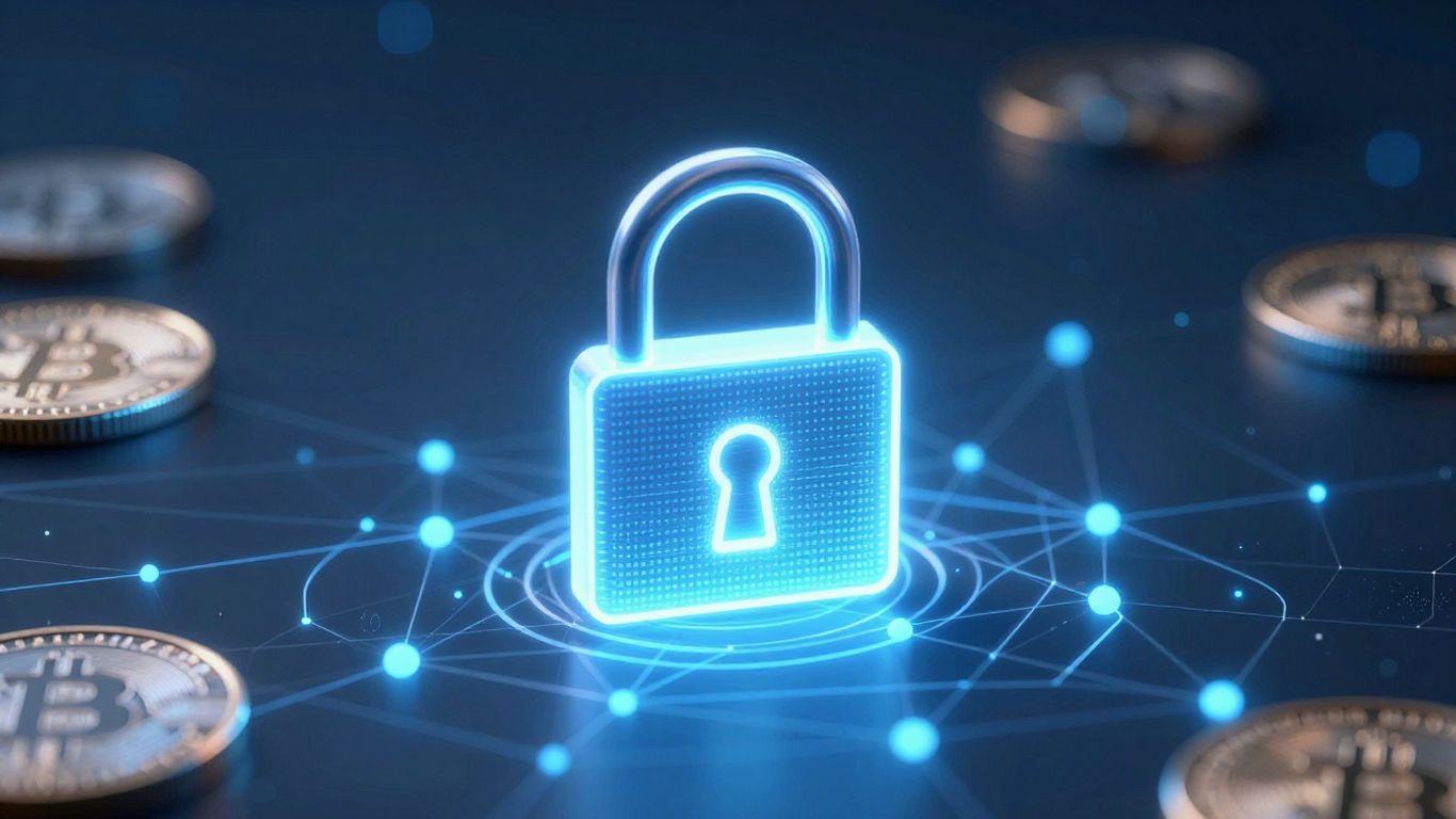 Digital padlock securing a glowing blockchain network.