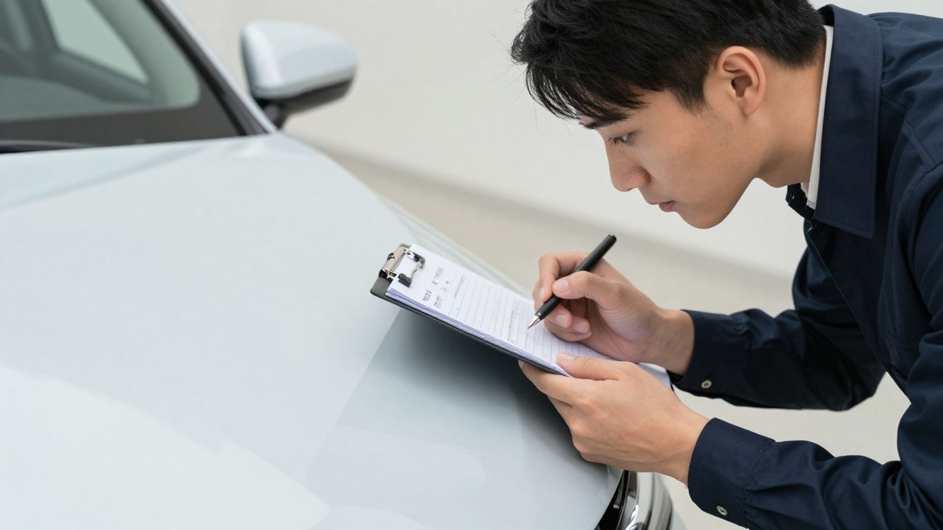 Gutachter prüft Auto mit Unterlagen