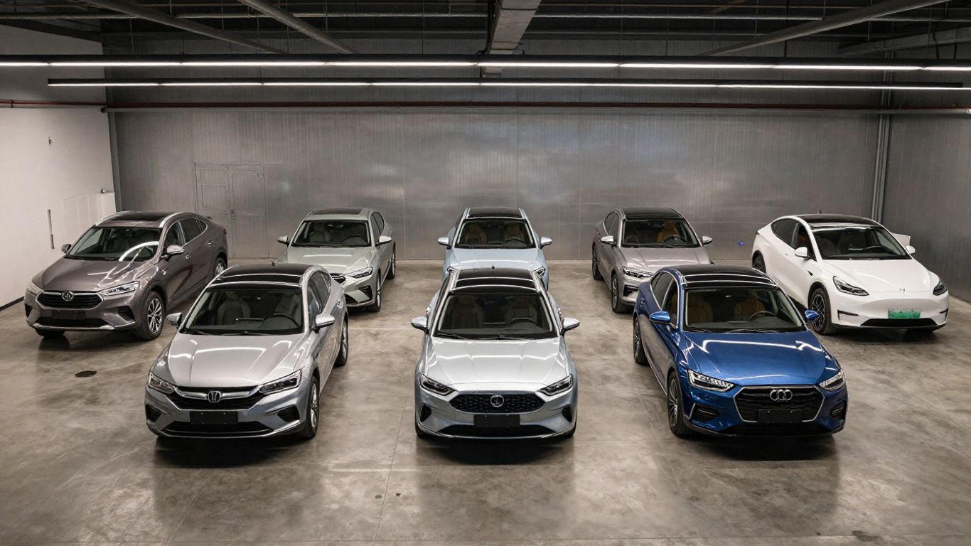Neuwagen glänzen in einem hellen, gut beleuchteten Showroom