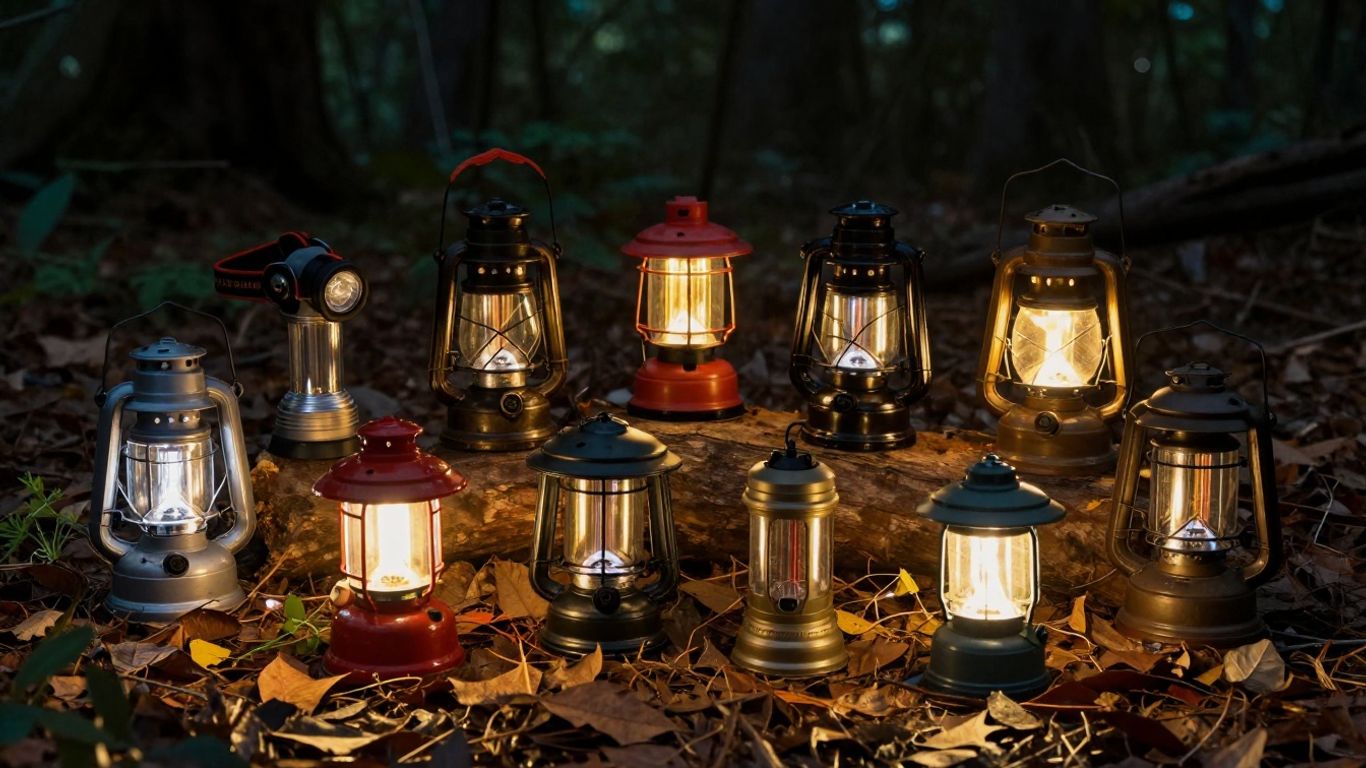 Various camping lights glowing in a forest setting.
