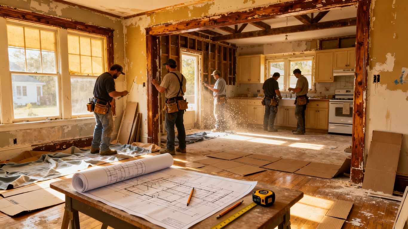Renovation team restoring an older American home