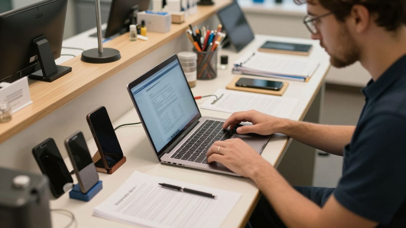 Technician reviewing a device service request
