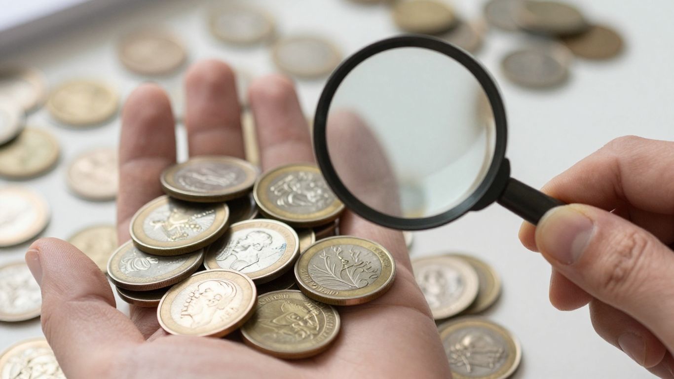 Magnifying glass over diverse collection of coins.