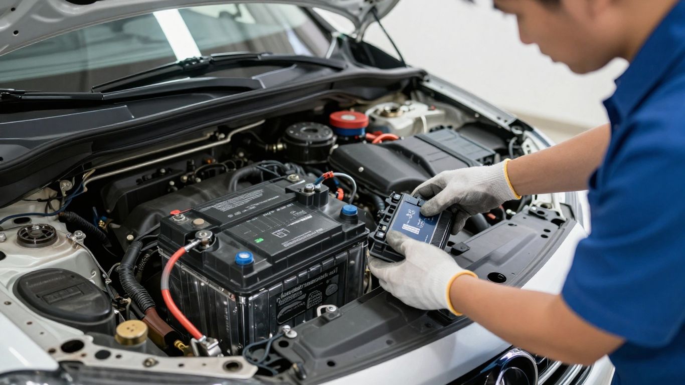 Technician comparing a car battery with vehicle fitment