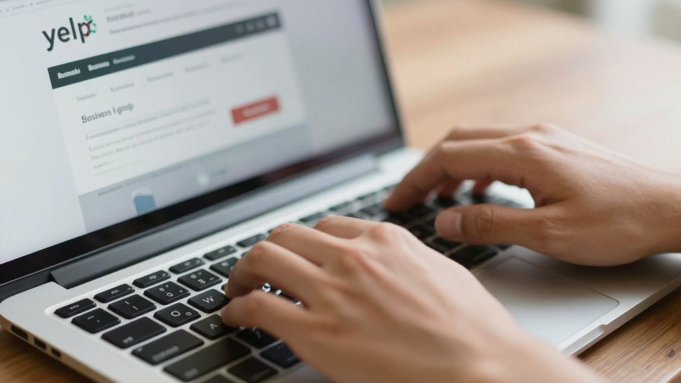 Yelp business login page on a laptop screen.