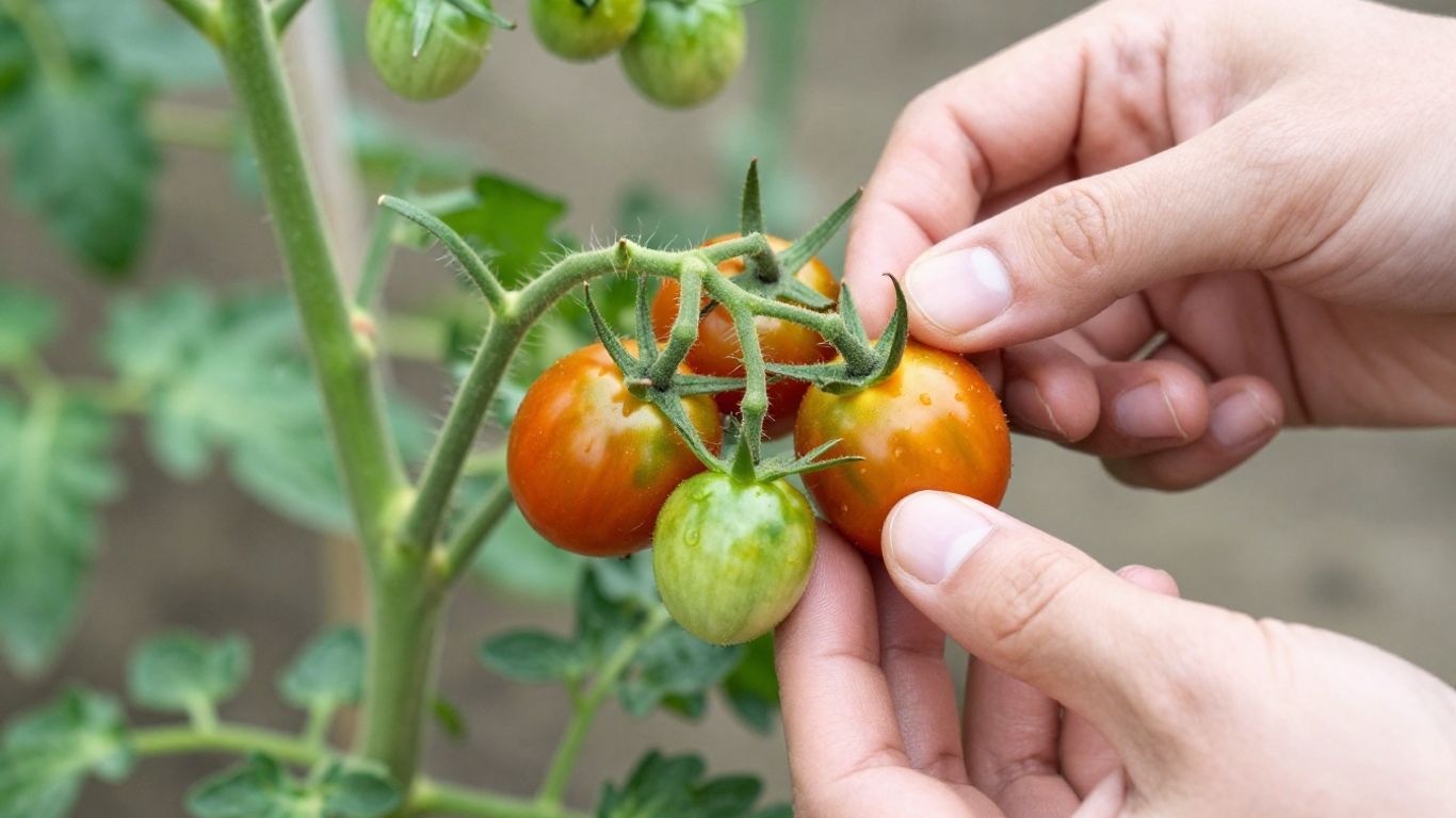 Tomatenpflanze mit Händen, die unnötige Früchte entfernen.