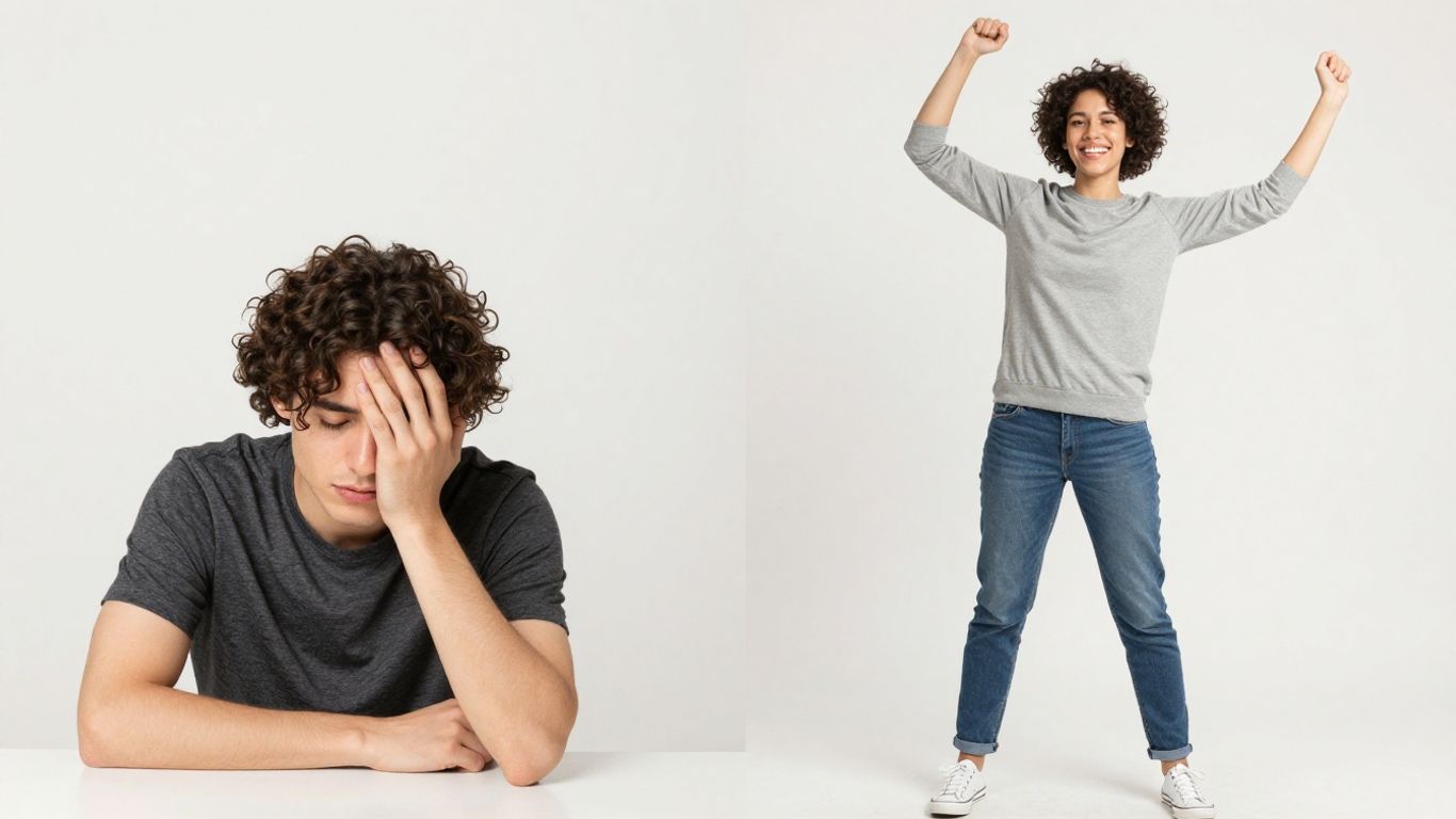Person transforming from tired to energetic and happy.