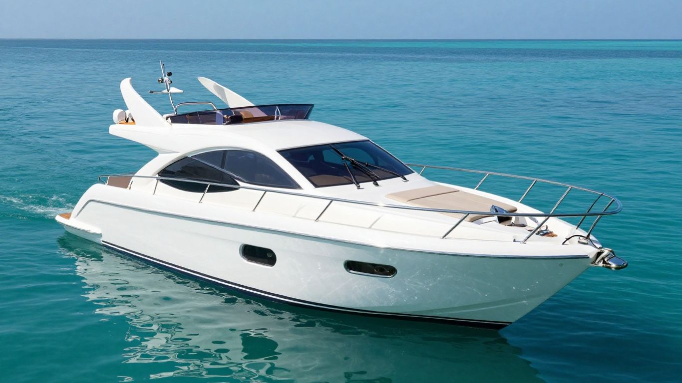 Sleek small yacht on calm turquoise water.