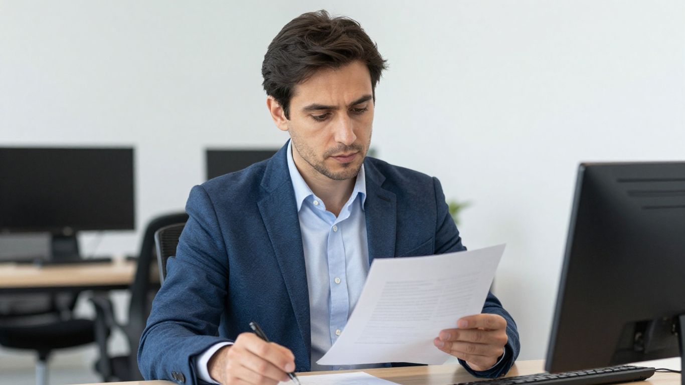 Personaldienstleister prüft Dokumente im Büro.