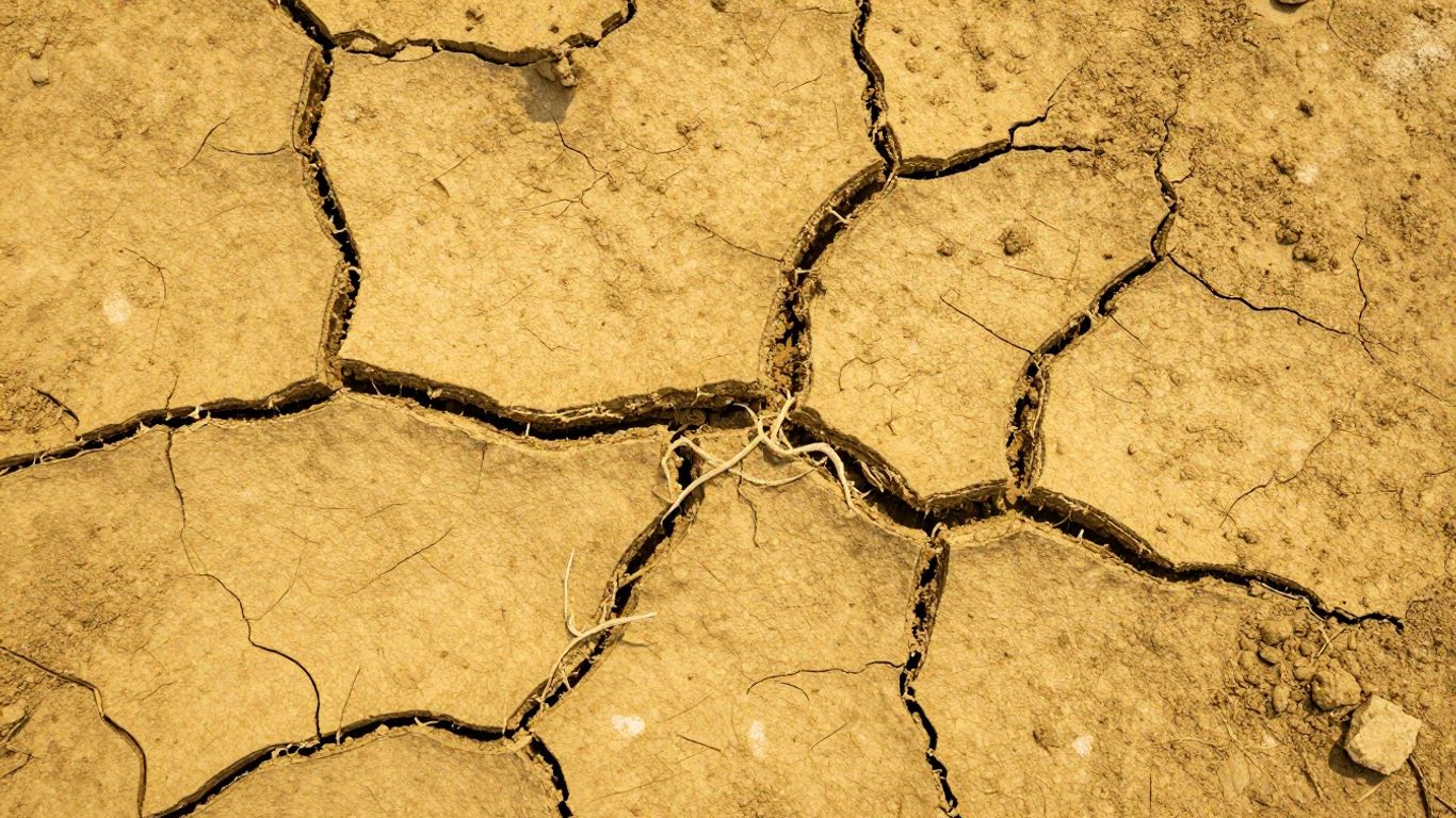 Austrockneter, rissiger Boden mit verdorrten Pflanzenwurzeln.