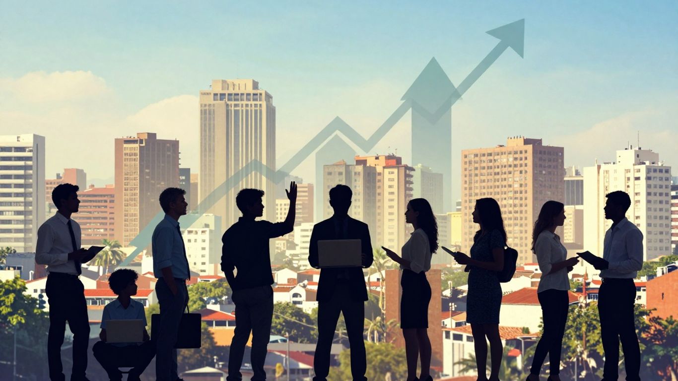Latin American cityscape with professionals and growth symbols.