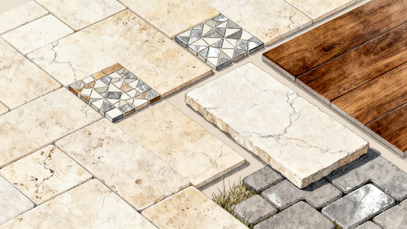 Travertine tiles and mosaics arranged in samples