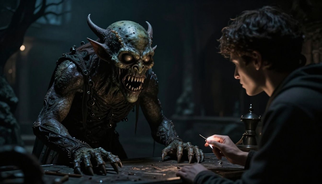 Um mago conjurando um feitiço de luz brilhante enquanto enfrenta uma criatura sinistra em uma masmorra escura