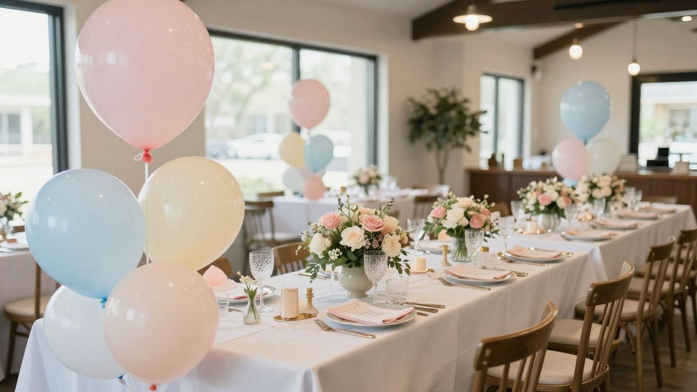 Elegant Dallas baby shower venue with balloons and flowers.