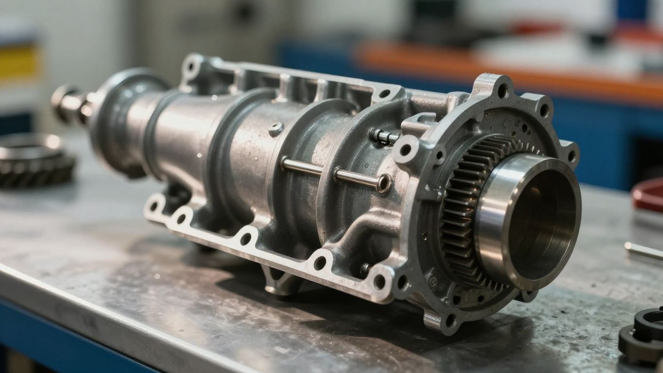 Used Toyota transmission part on a workbench.