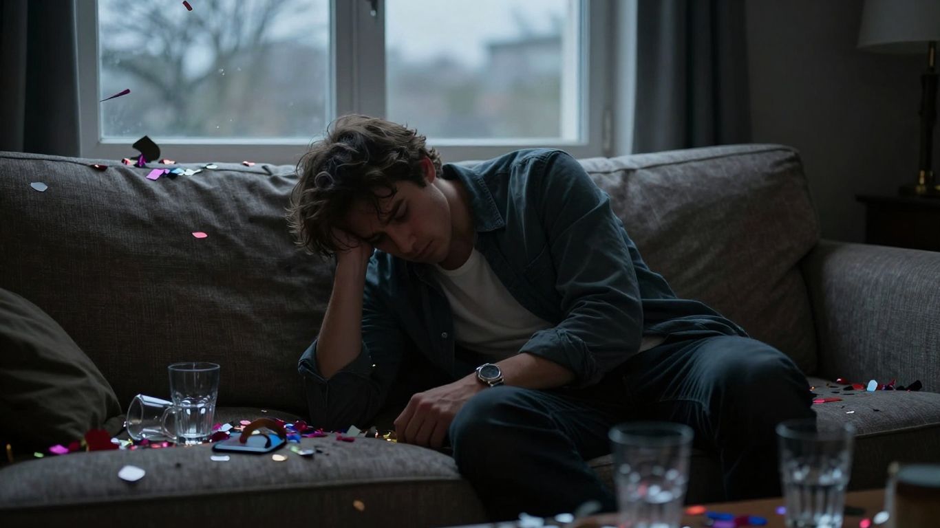 Personne fatiguée après les fêtes, entourée de débris.