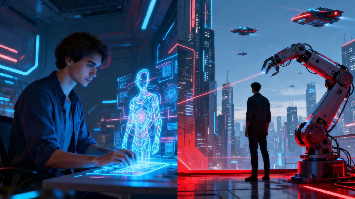 Person working with AI versus being replaced by robot.