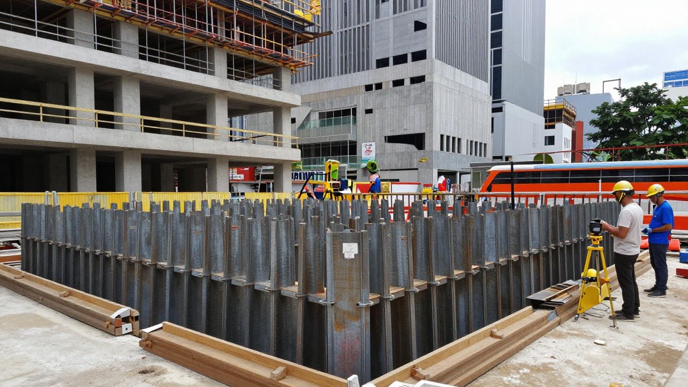 Steel sheet pile excavation beside urban buildings