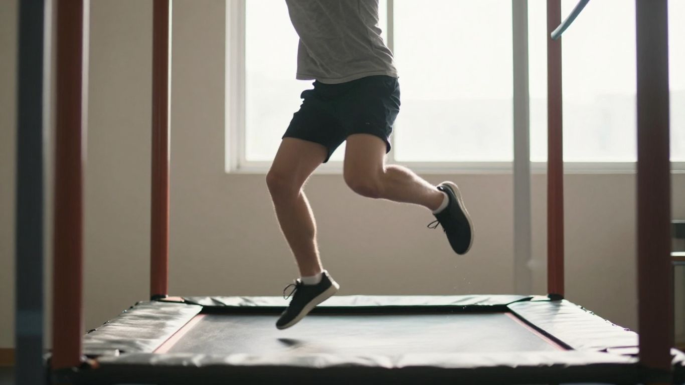 Person rebounding on a mini-trampoline for health.