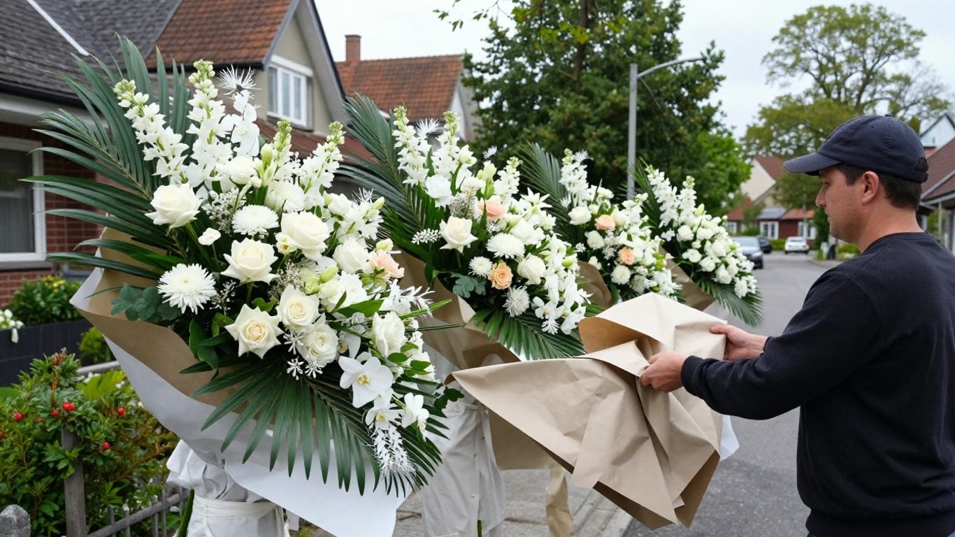 Florist preparing sympathy flowers for delivery