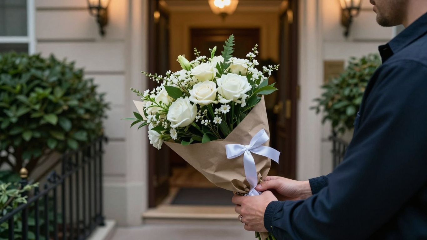 Flower delivery arriving at a welcoming doorway