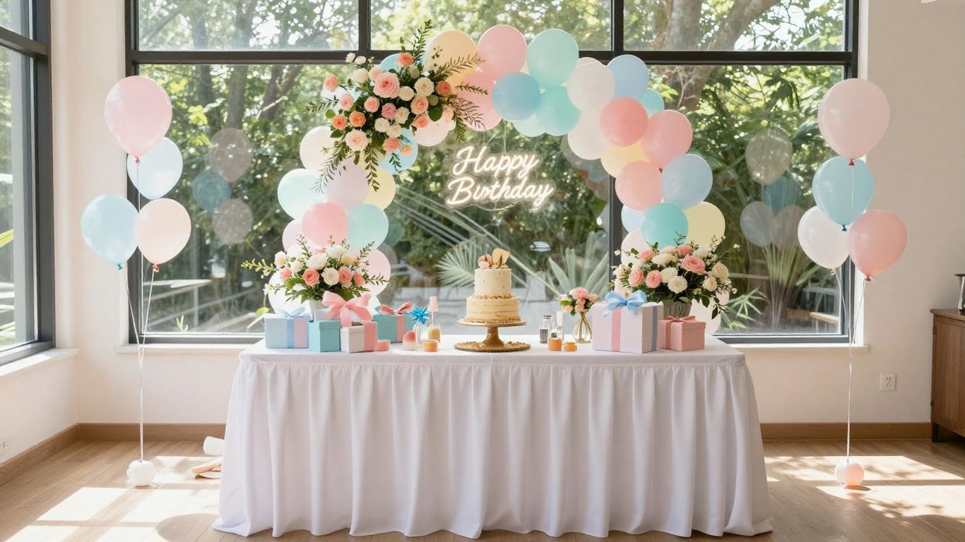 Elegant baby shower venue in Dallas with decorations and gifts.