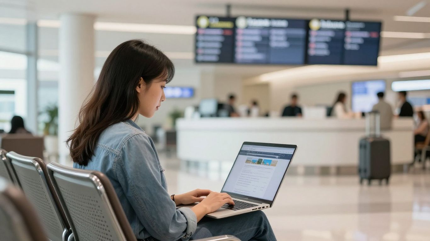 Traveler using a laptop to compare vacation packages