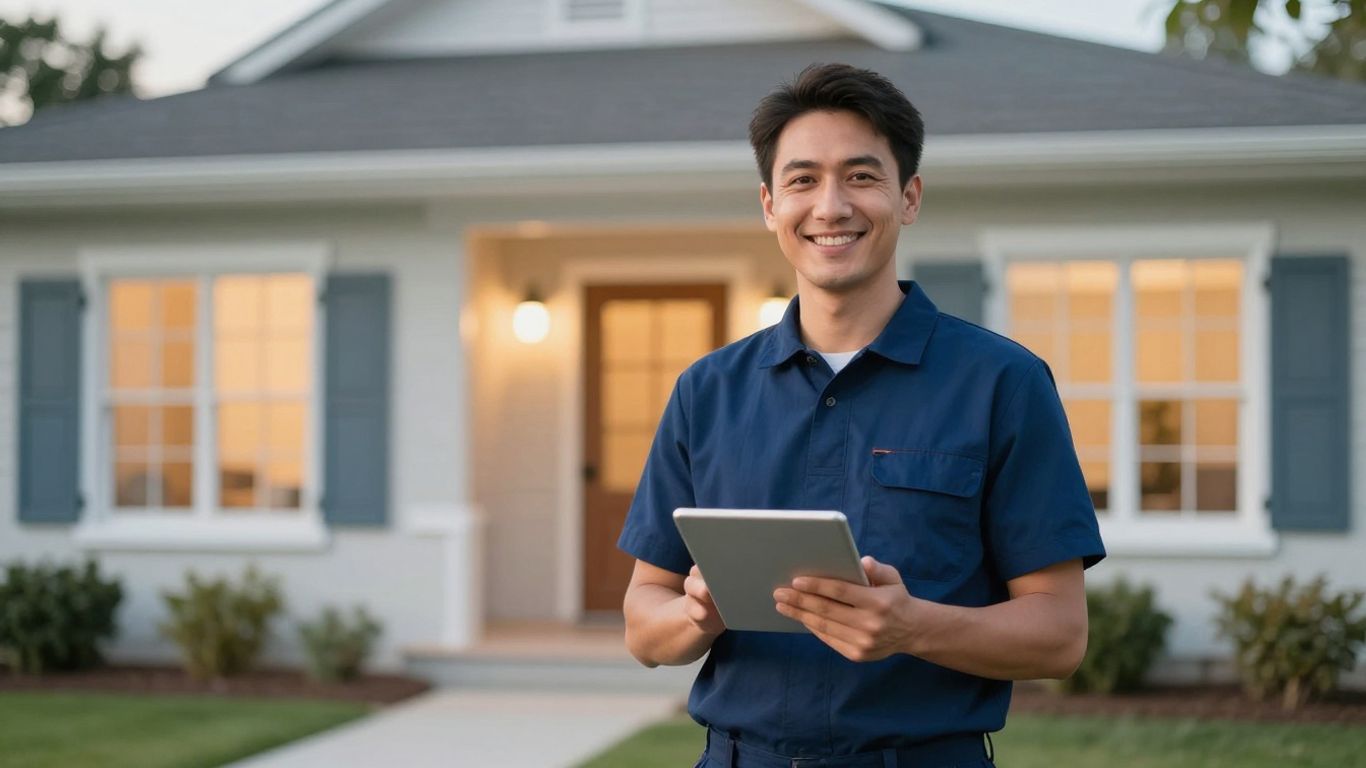 HVAC technician with tablet outside a home