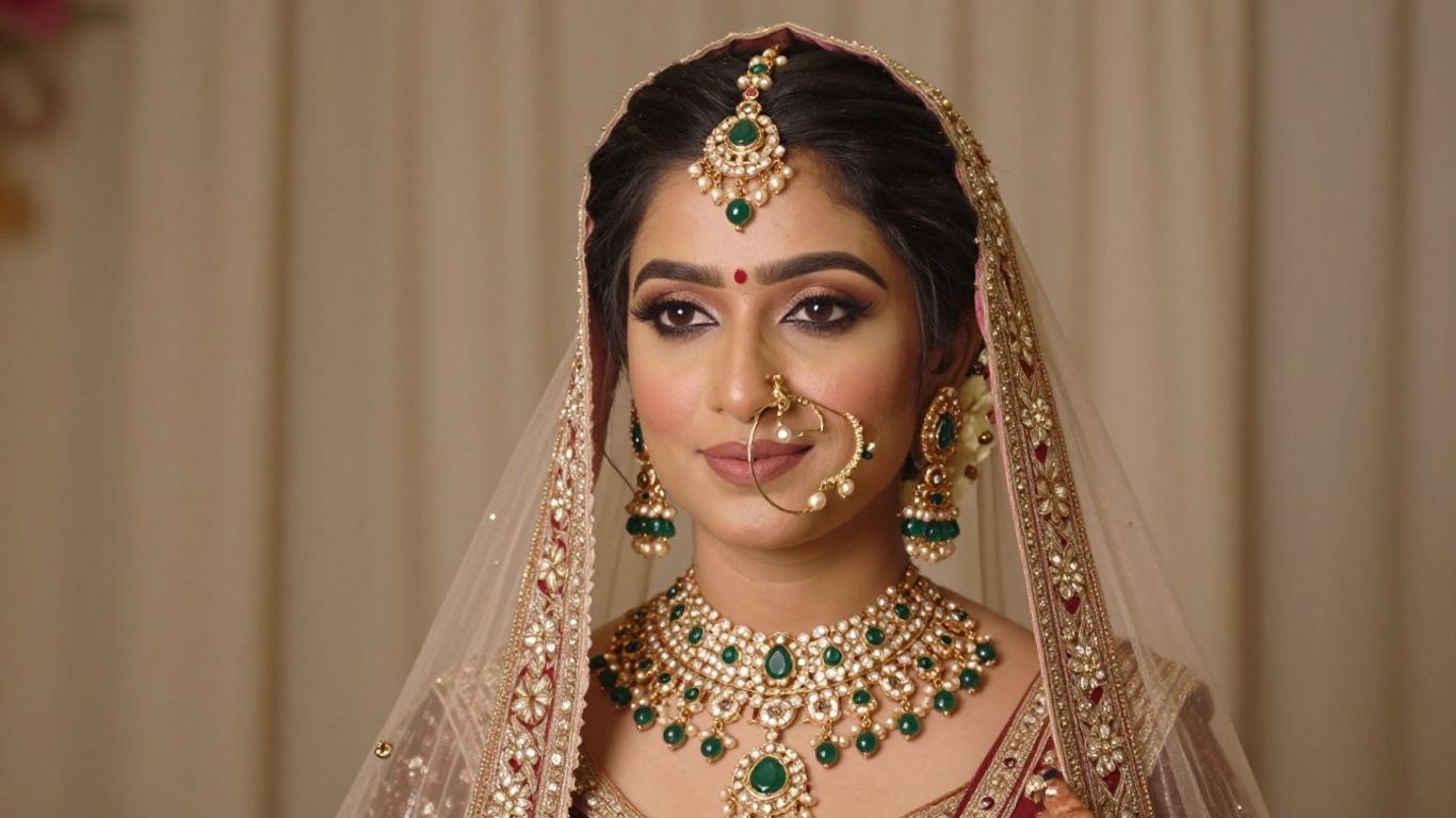 Close portrait of bride wearing balanced jewellery