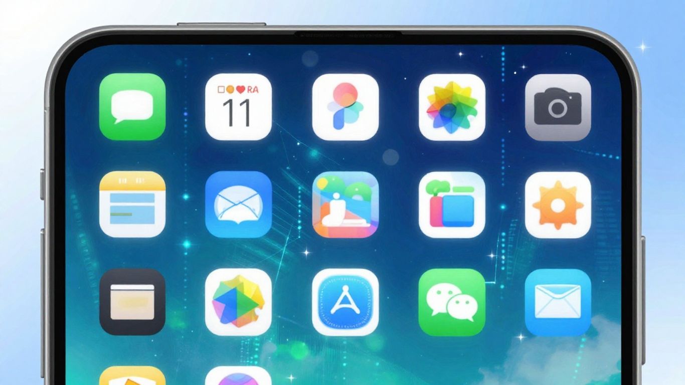 Smartphone displaying app icons with a futuristic background.