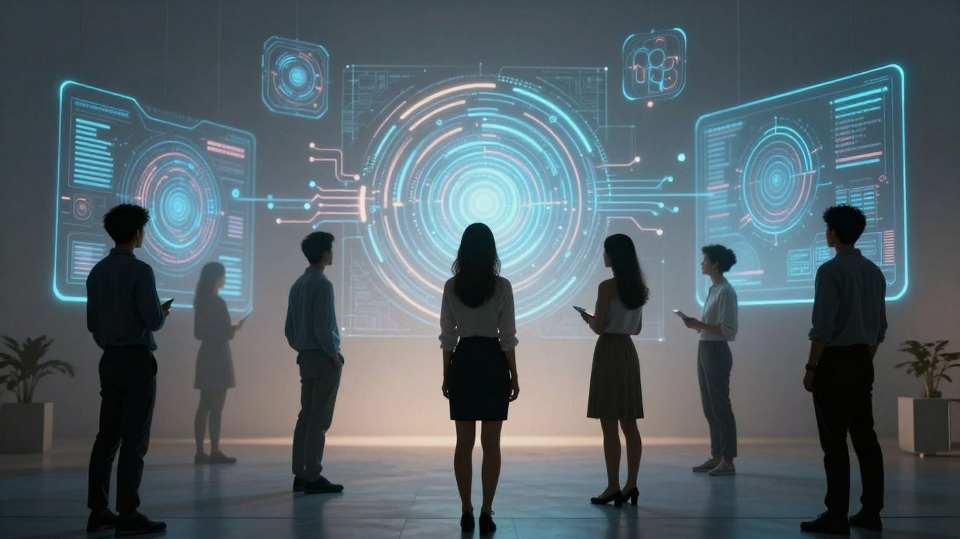 Humanity and AI interacting in a futuristic digital landscape.