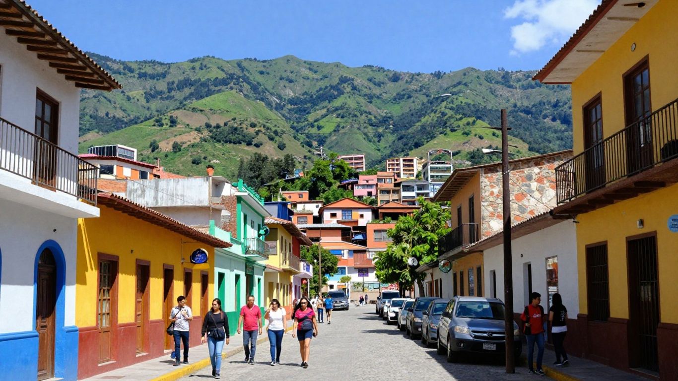 Downtown Medellin street with colorful buildings and people.