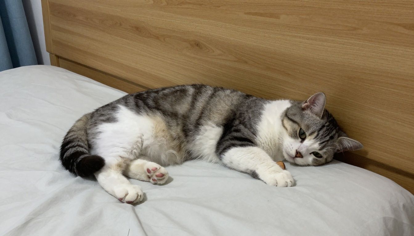 A relaxed cat resting beside a bed, scratching post, and calming diffuser in a quiet home