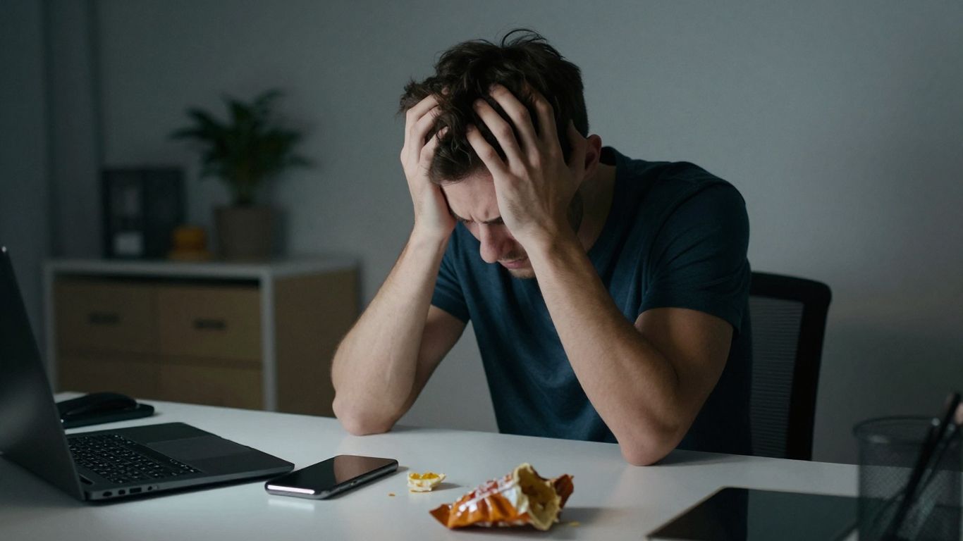 Young adult struggling with memory loss at a desk.