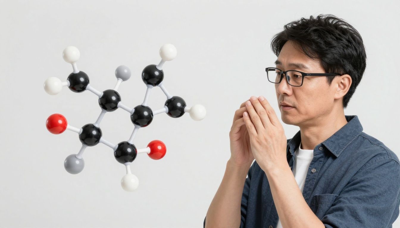 A man in his 40s looking at a molecular model, symbolizing the science behind peptide therapy for men's health and vitality.