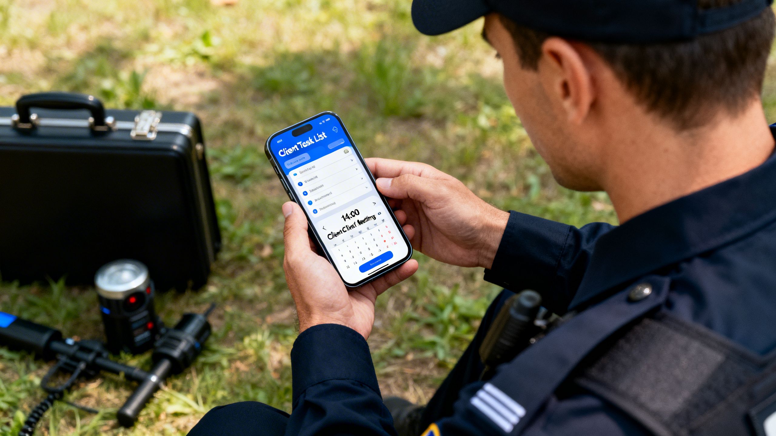 A security professional on a mobile phone managing client tasks and appointments while in the field