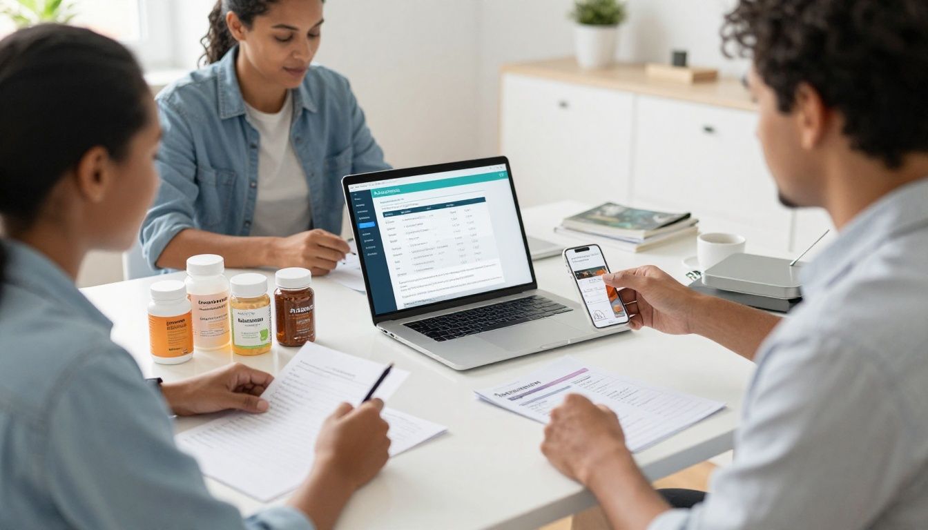 Bright modern health-tech scene with a diverse American adult reviewing a health tracking app beside organized supplement containers, lab results, fitness notes, and a recovery routine on a clean desk; realistic photography, natural light, no text or logos